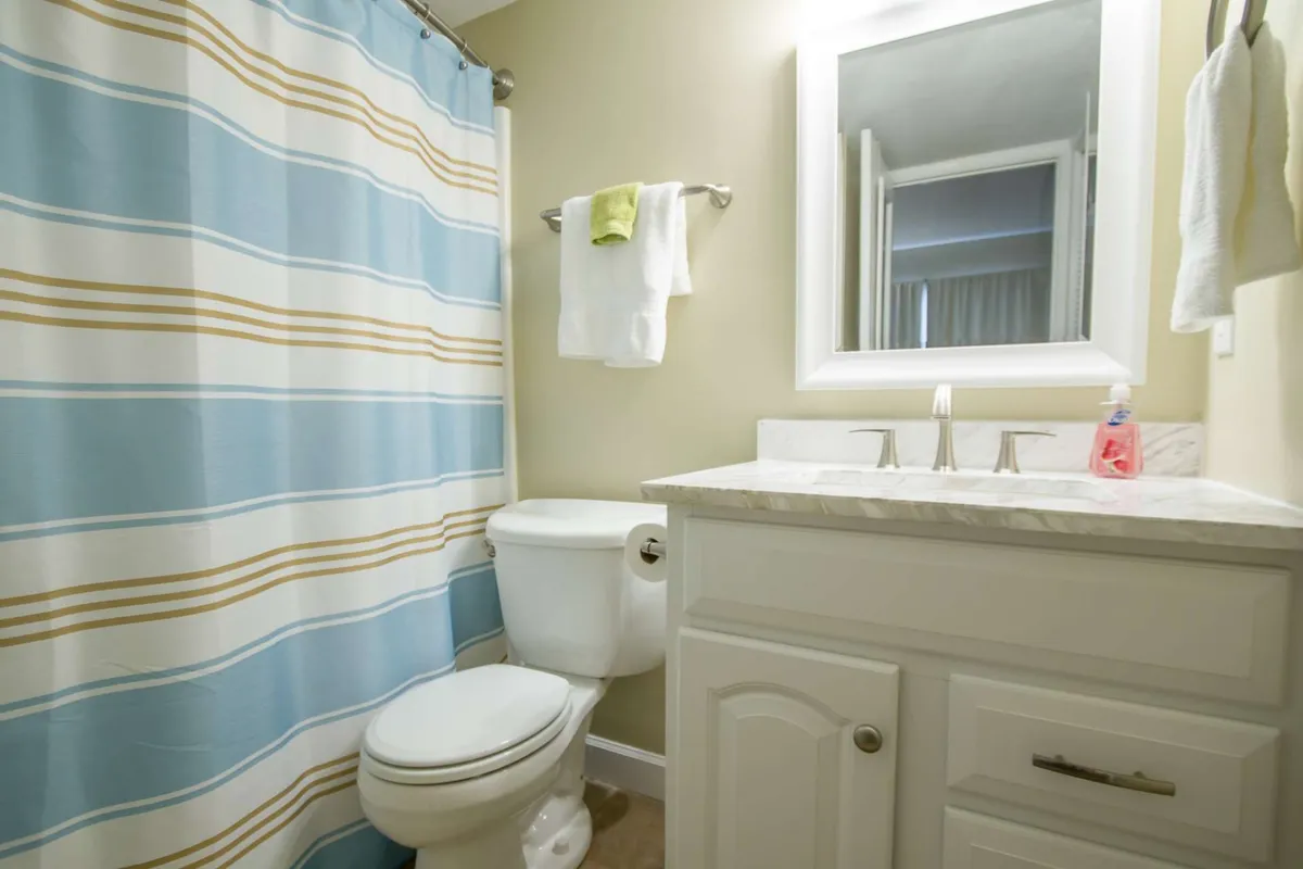 A bright bathroom featuring a clean vanity, shower curtain, and toilet. The space is tidy and inviting, evoking the feeling of a refreshing shower or relaxing bath after a long day.