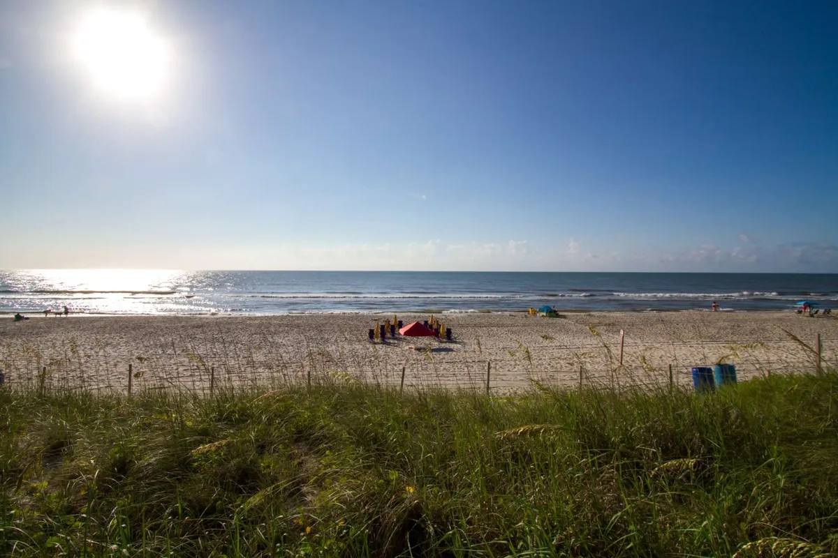 A sweeping view of the ocean with waves, sun, colorful umbrellas, and groups of beachgoers participating in sunbathing, swimming, and beach games. The mood is joyful, capturing the essence of group adventure and outdoor fun.